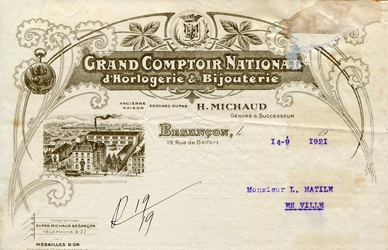 Grand Comptoir National d’horlogerie et de bijouterie H. Michaud, papier à en-tête, s.d. [1921]. © Raphaël Favereaux / Région Bourgogne-Franche-Comté, Inventaire du patrimoine - 2018