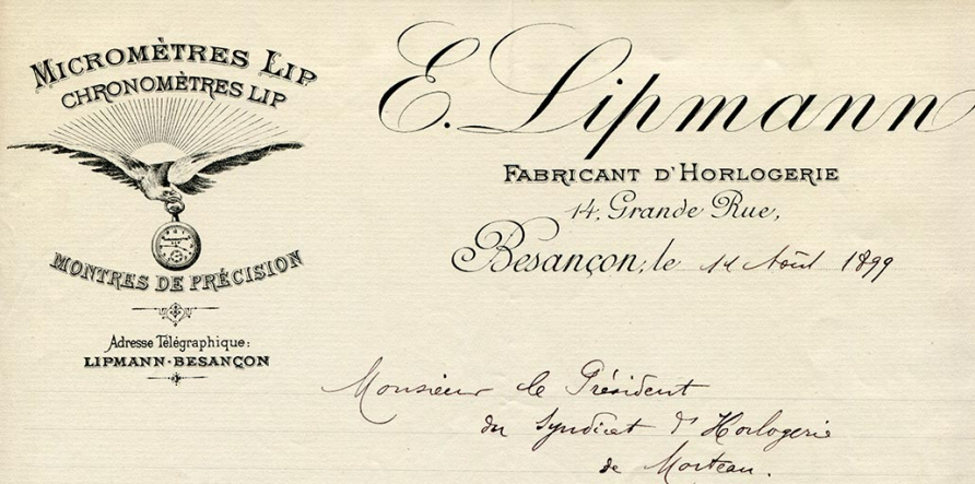 Fabricant d'horlogerie E. Lipmann, papier à en-tête, s.d. [1899]. © Raphaël Favereaux / Région Bourgogne-Franche-Comté, Inventaire du patrimoine - 2018