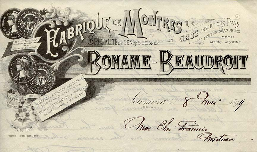 Fabrique de montres Boname-Beaudroit, papier à en-tête, s.d. [1899]. © Raphaël Favereaux / Région Bourgogne-Franche-Comté, Inventaire du patrimoine - 2018