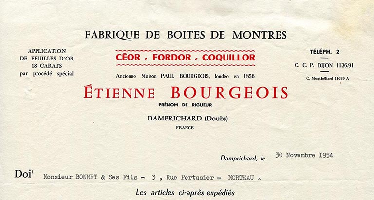 Papier à en-tête de la Fabrique de Boîtes de Montres Etienne Bourgeois, 30 novembre 1954. © Laurent Poupard / Région Bourgogne-Franche-Comté, Inventaire du patrimoine - 2018