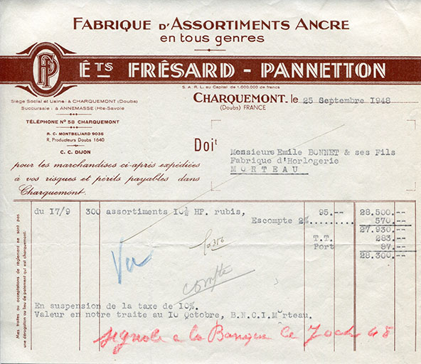 Papier à en-tête des Ets Frésard-Pannetton, 25 septembre 1948. © Laurent Poupard / Région Bourgogne-Franche-Comté, Inventaire du patrimoine - 2018