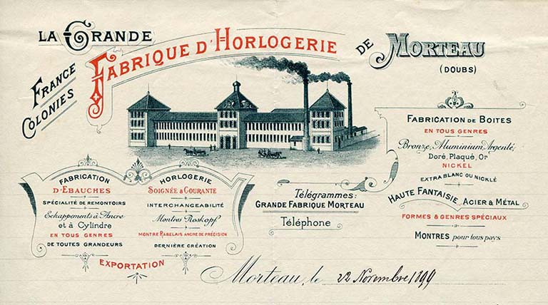 Papier à en-tête de la Grande Fabrique d'Horlogerie de Morteau [détail], 22 novembre 1899. © Laurent Poupard / Région Bourgogne-Franche-Comté, Inventaire du patrimoine - 2018