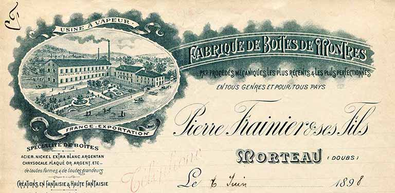 Papier à en-tête des Ets Pierre Frainier et ses Fils [détail], 6 juin 1898. © Laurent Poupard / Région Bourgogne-Franche-Comté, Inventaire du patrimoine - 2018