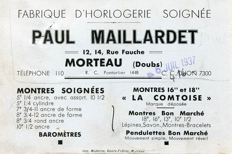 Carte publicitaire des Ets Paul Maillardet, 1937. © Laurent Poupard / Région Bourgogne-Franche-Comté, Inventaire du patrimoine - 2018 Carte publicitaire des Ets Paul Maillardet, 1937. © Laurent Poupard / Région Bourgogne-Franche-Comté, Inventaire du patrimoine - 2018