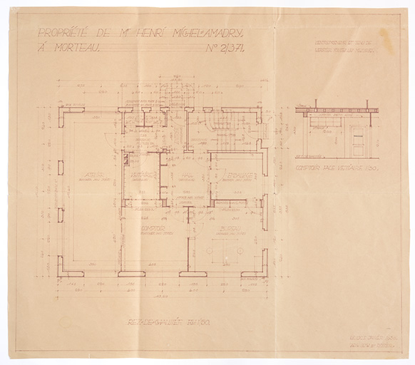 Propriété de Mr Henri Michel-Amadry, à Morteau. Rez-de-chaussée [plan et] Comptoir face vestiaire [élévation], janvier 1930 © Sonia Dourlot / Région Bourgogne-Franche-Comté, Inventaire du patrimoine - 2018