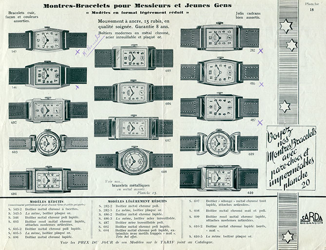 Montres-bracelets pour messieurs et jeunes gens, catalogue, planche 18, s.d. [2e quart 20e siècle]. © Raphaël Favereaux / Région Bourgogne-Franche-Comté, Inventaire du patrimoine - 2018