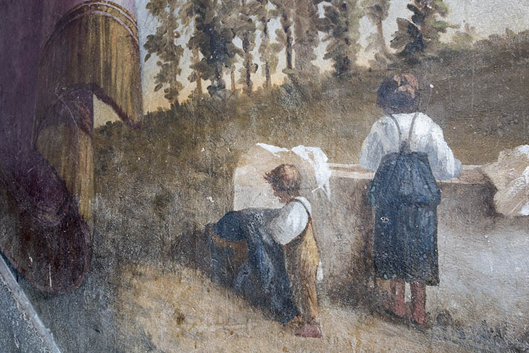 Départ de la 1ère volée (à droite) : femme et enfants au lavoir (détail). © Sonia Dourlot / Région Bourgogne-Franche-Comté, Inventaire du patrimoine - 2018