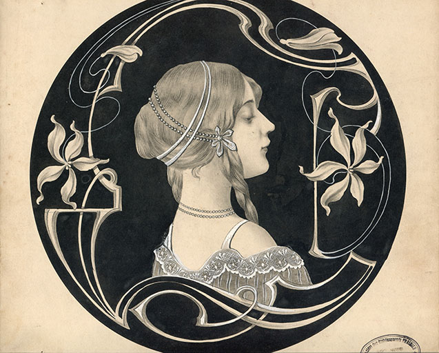 Modèle de décor pour boîte de montre : femme de profil et en buste, 1ère moitié 20e siècle. © Laurent Poupard / Région Bourgogne-Franche-Comté, Inventaire du patrimoine - 2018