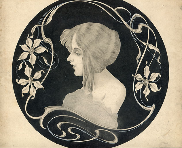 Modèle de décor pour boîte de montre : femme de profil et en buste, 1ère moitié 20e siècle. © Laurent Poupard / Région Bourgogne-Franche-Comté, Inventaire du patrimoine - 2018