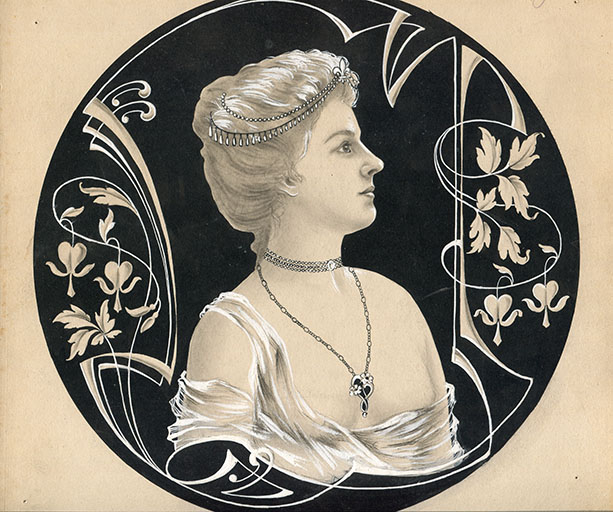 Modèle de décor pour boîte de montre : femme de profil et en buste, 1ère moitié 20e siècle. © Laurent Poupard / Région Bourgogne-Franche-Comté, Inventaire du patrimoine - 2018