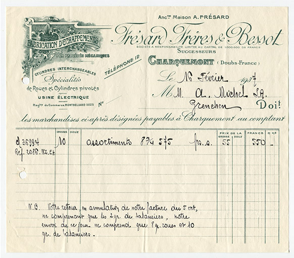Facture à en-tête de la société Frésard Frères et Bessot, 16 février 1937. © Laurent Poupard / Région Bourgogne-Franche-Comté, Inventaire du patrimoine - 2018 Facture à en-tête de la société Frésard Frères et Bessot, 16 février 1937. © Laurent Poupard / Région Bourgogne-Franche-Comté, Inventaire du patrimoine - 2018