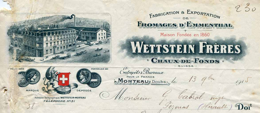 Papier à en-tête de la société Wettstein Frères (détail), 13 novembre 1915. © Laurent Poupard / Région Bourgogne-Franche-Comté, Inventaire du patrimoine - 2018