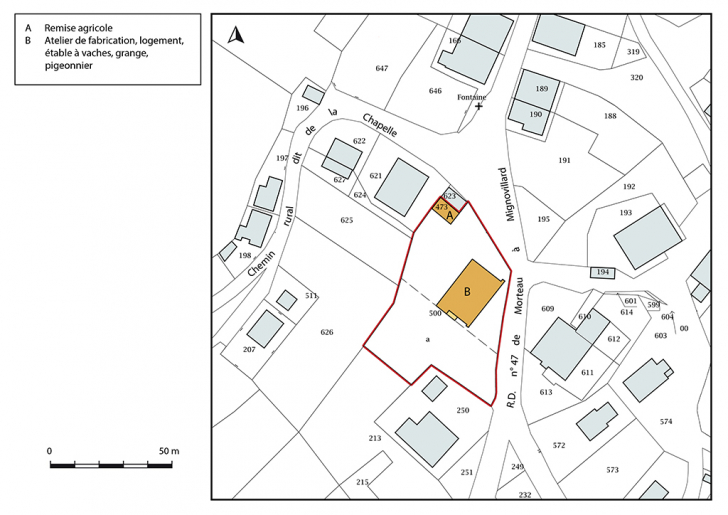 Plan-masse et de situation. Extrait du plan cadastral, 2017, section AB, 1/1 000. © Bertrand Turina / Région Bourgogne-Franche-Comté, Inventaire du patrimoine - 2018