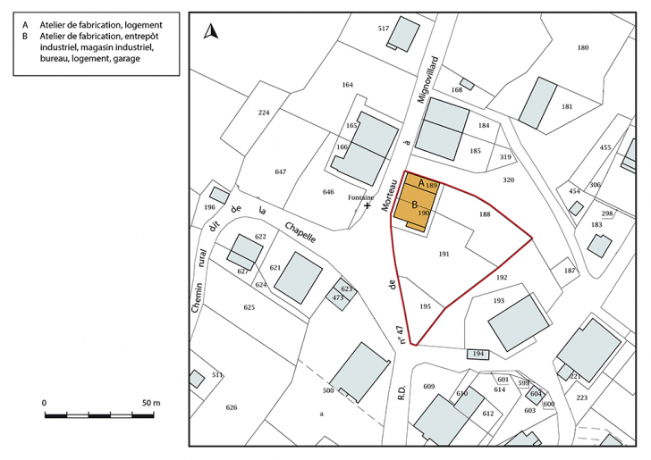 Plan-masse et de situation. Extrait du plan cadastral, 2017, section AB, 1/1 000. © Bertrand Turina / Région Bourgogne-Franche-Comté, Inventaire du patrimoine - 2018 Plan-masse et de situation. Extrait du plan cadastral, 2017, section AB, 1/1 000. © Bertrand Turina / Région Bourgogne-Franche-Comté, Inventaire du patrimoine - 2018