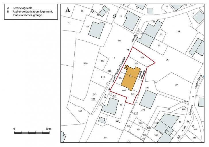 Plan-masse et de situation. Extrait du plan cadastral, 2017, section AC, 1/1 000. © Bertrand Turina / Région Bourgogne-Franche-Comté, Inventaire du patrimoine - 2018 Plan-masse et de situation. Extrait du plan cadastral, 2017, section AC, 1/1 000. © Bertrand Turina / Région Bourgogne-Franche-Comté, Inventaire du patrimoine - 2018
