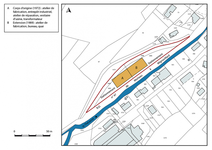 Plan-masse et de situation. Extrait du plan cadastral, 2017, section B, 1/2 500 agrandi à 1/1 000. © Bertrand Turina / Région Bourgogne-Franche-Comté, Inventaire du patrimoine - 2018