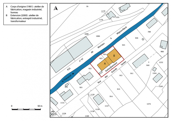 Plan-masse et de situation. Extrait du plan cadastral, 2017, section B, 1/2 500 agrandi à 1/1 000. © Bertrand Turina / Région Bourgogne-Franche-Comté, Inventaire du patrimoine - 2018
