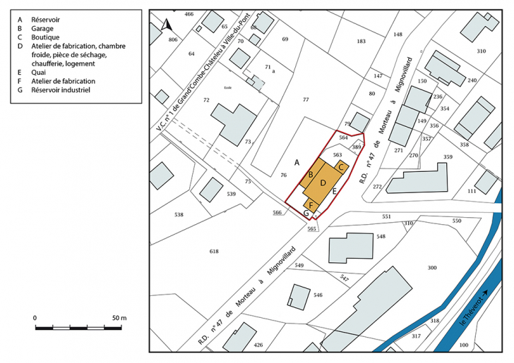 Plan-masse et de situation. Extrait du plan cadastral, 2017, section AB, 1/1 000. © Bertrand Turina / Région Bourgogne-Franche-Comté, Inventaire du patrimoine - 2018 Plan-masse et de situation. Extrait du plan cadastral, 2017, section AB, 1/1 000. © Bertrand Turina / Région Bourgogne-Franche-Comté, Inventaire du patrimoine - 2018