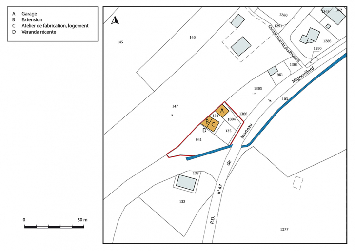 Plan-masse et de situation. Extrait du plan cadastral, 2017, section B, 1/2 500 agrandi à 1/1 000. © Bertrand Turina / Région Bourgogne-Franche-Comté, Inventaire du patrimoine - 2018