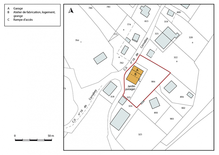 Plan-masse et de situation. Extrait du plan cadastral, 2017, section B, 1/2 500 agrandi à 1/1 000. © Bertrand Turina / Région Bourgogne-Franche-Comté, Inventaire du patrimoine - 2018