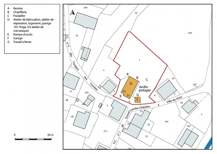 Plan-masse et de situation. Extrait du plan cadastral, 2017, section AC, 1/1 000. © Bertrand Turina / Région Bourgogne-Franche-Comté, Inventaire du patrimoine - 2018