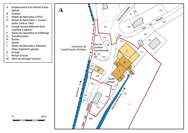 Plan-masse et de situation. Extrait du plan cadastral, 2016, section A, 1/2 500 agrandi à 1/1 000. © Bertrand Turina / Région Bourgogne-Franche-Comté, Inventaire du patrimoine - 2018 Plan-masse et de situation. Extrait du plan cadastral, 2016, section A, 1/2 500 agrandi à 1/1 000. © Bertrand Turina / Région Bourgogne-Franche-Comté, Inventaire du patrimoine - 2018