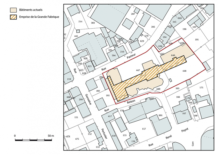 Restitution de l'emprise de la Grande Fabrique sur un extrait du plan cadastral, 2017, section AA, 1/1 000. © Bertrand Turina / Région Bourgogne-Franche-Comté, Inventaire du patrimoine - 2018