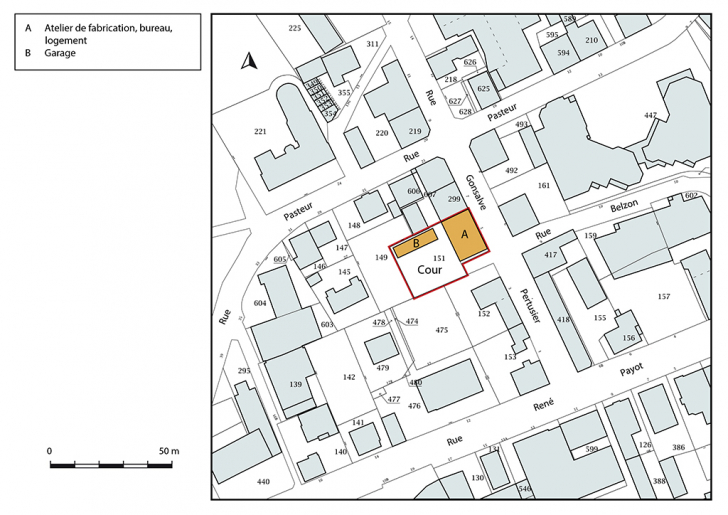 Plan-masse et de situation. Extrait du plan cadastral, 2017, section AA, 1/1 000. © Bertrand Turina / Région Bourgogne-Franche-Comté, Inventaire du patrimoine - 2018