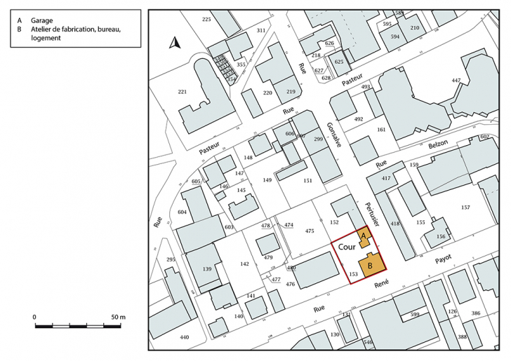 Plan-masse et de situation. Extrait du plan cadastral, 2017, section AA, 1/1 000. © Bertrand Turina / Région Bourgogne-Franche-Comté, Inventaire du patrimoine - 2018
