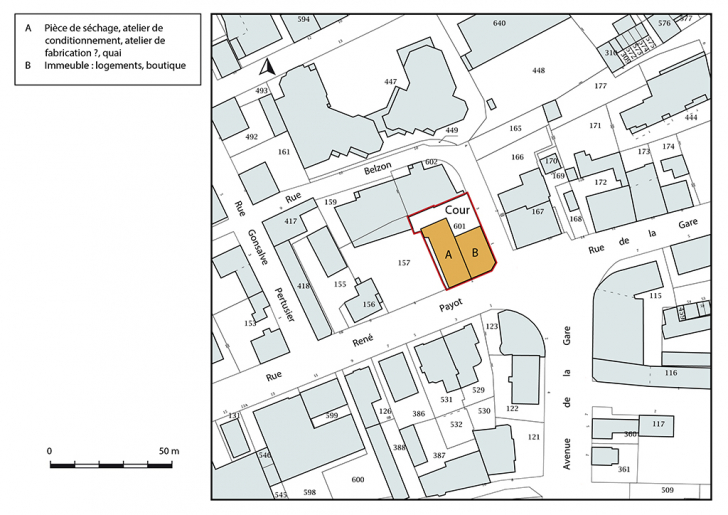 Plan-masse et de situation. Extrait du plan cadastral, 2017, section AA, 1/1 000. © Bertrand Turina / Région Bourgogne-Franche-Comté, Inventaire du patrimoine - 2018