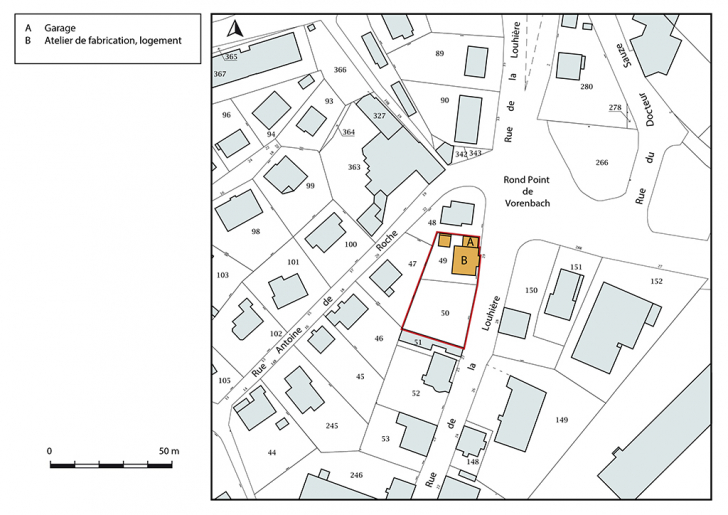 Plan-masse et de situation. Extrait du plan cadastral, 2017, section AC, 1/1 000. © Bertrand Turina / Région Bourgogne-Franche-Comté, Inventaire du patrimoine - 2018