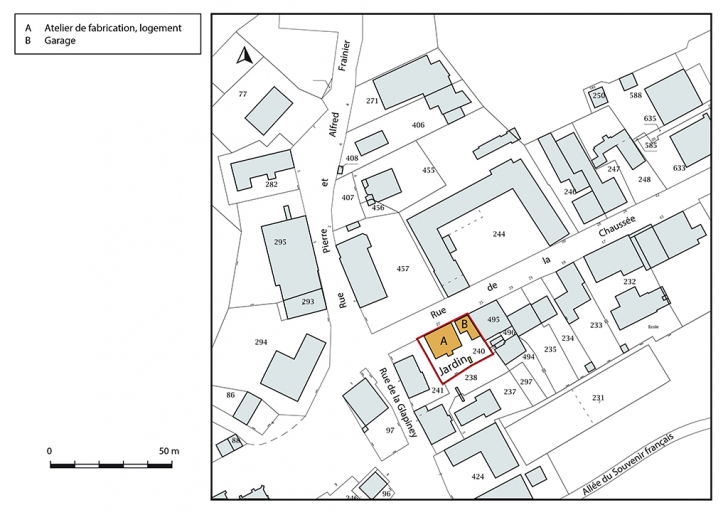 Plan-masse et de situation. Extrait du plan cadastral, 2018, section AA, 1/1 000. © Bertrand Turina / Région Bourgogne-Franche-Comté, Inventaire du patrimoine - 2018