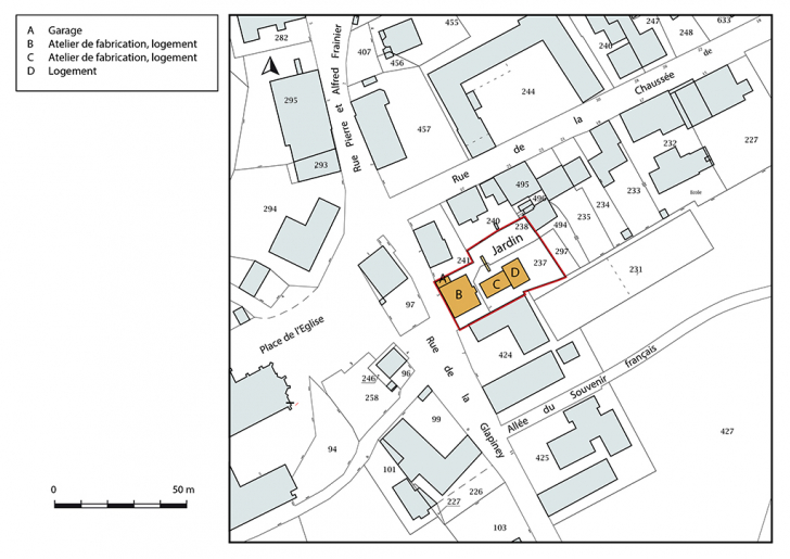 Plan-masse et de situation. Extrait du plan cadastral, 2018, section AA, 1/1 000. © Bertrand Turina / Région Bourgogne-Franche-Comté, Inventaire du patrimoine - 2018