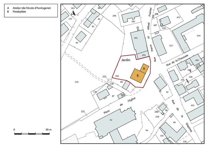 Plan-masse et de situation. Extrait du plan cadastral, 2018, section AB, 1/1 000. © Bertrand Turina / Région Bourgogne-Franche-Comté, Inventaire du patrimoine - 2018