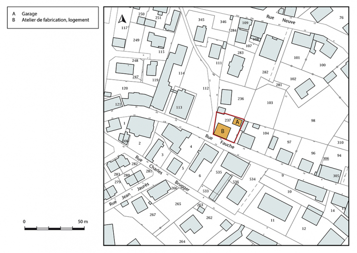Plan-masse et de situation. Extrait du plan cadastral, 2018, section AC, 1/1 000. © Bertrand Turina / Région Bourgogne-Franche-Comté, Inventaire du patrimoine - 2018