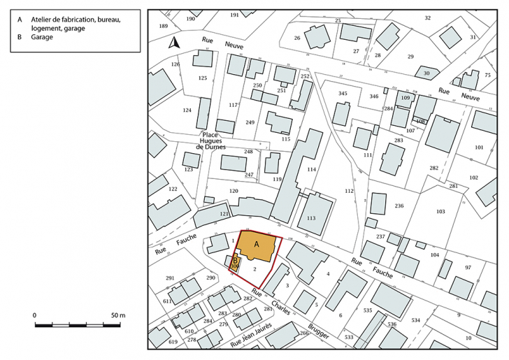 Plan-masse et de situation. Extrait du plan cadastral, 2018, section AA, 1/1 000. © Bertrand Turina / Région Bourgogne-Franche-Comté, Inventaire du patrimoine - 2018