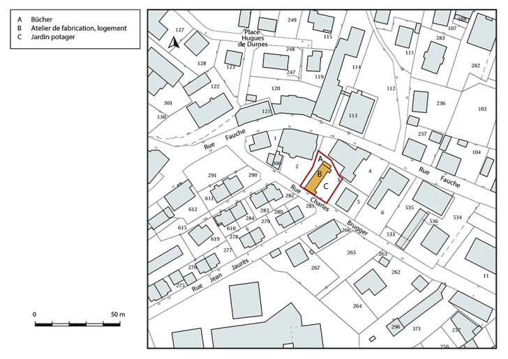 Plan-masse et de situation. Extrait du plan cadastral, 2018, section AA, 1/1 000. © Bertrand Turina / Région Bourgogne-Franche-Comté, Inventaire du patrimoine - 2018
