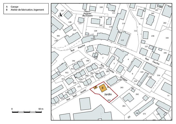 Plan-masse et de situation. Extrait du plan cadastral, 2018, section AA, 1/1 000. © Bertrand Turina / Région Bourgogne-Franche-Comté, Inventaire du patrimoine - 2018