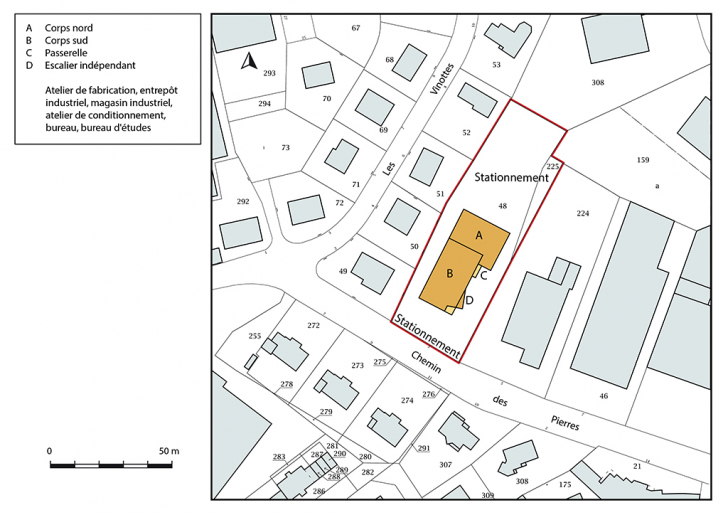 Plan-masse et de situation. Extrait du plan cadastral, 2018, section AE, 1/1 000. © Bertrand Turina / Région Bourgogne-Franche-Comté, Inventaire du patrimoine - 2018
