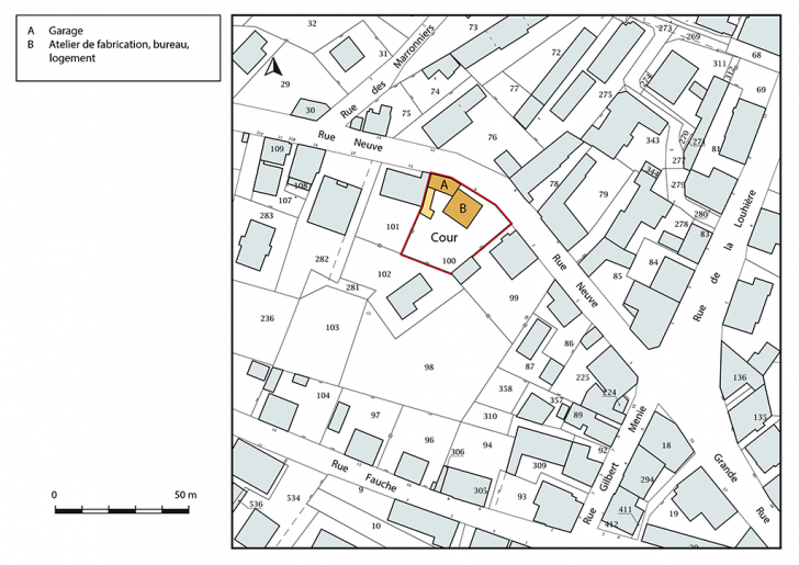 Plan-masse et de situation. Extrait du plan cadastral, 2018, section AC, 1/1 000. © Bertrand Turina / Région Bourgogne-Franche-Comté, Inventaire du patrimoine - 2018