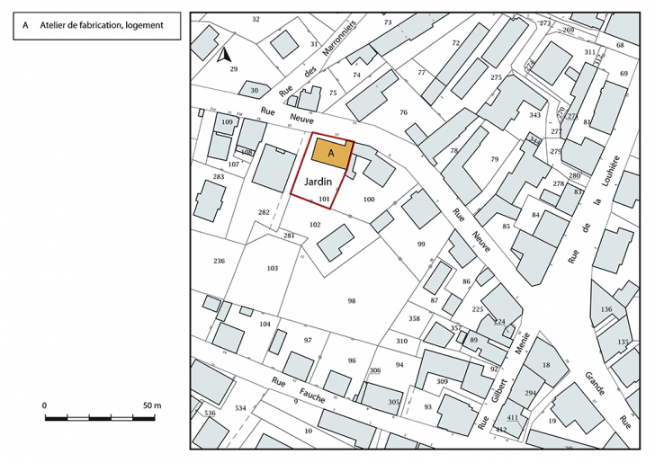 Plan-masse et de situation. Extrait du plan cadastral, 2018, section AC, 1/1 000. © Bertrand Turina / Région Bourgogne-Franche-Comté, Inventaire du patrimoine - 2018