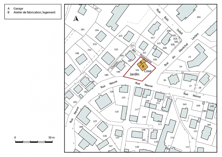 Plan-masse et de situation. Extrait du plan cadastral, 2018, section AC, 1/1 000. © Bertrand Turina / Région Bourgogne-Franche-Comté, Inventaire du patrimoine - 2018