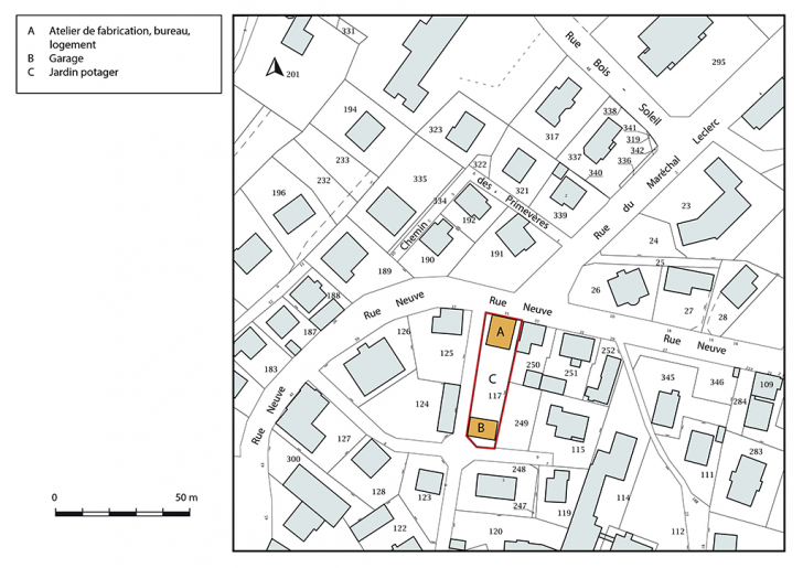 Plan-masse et de situation. Extrait du plan cadastral, 2018, section AC, 1/1 000. © Bertrand Turina / Région Bourgogne-Franche-Comté, Inventaire du patrimoine - 2018