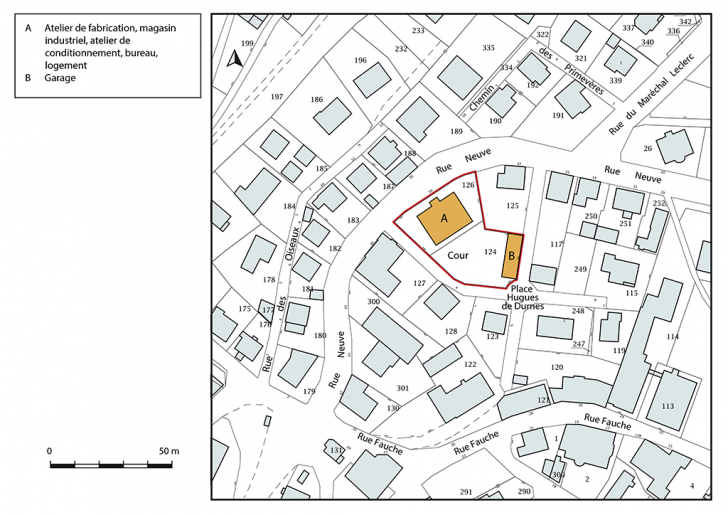 Plan-masse et de situation. Extrait du plan cadastral, 2018, section AC, 1/1 000. © Bertrand Turina / Région Bourgogne-Franche-Comté, Inventaire du patrimoine - 2018