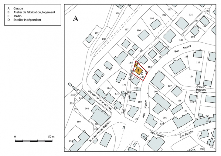 Plan-masse et de situation. Extrait du plan cadastral, 2018, section AC, 1/1 000. © Bertrand Turina / Région Bourgogne-Franche-Comté, Inventaire du patrimoine - 2018