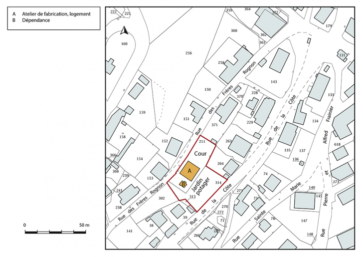 Plan-masse et de situation. Extrait du plan cadastral, 2018, section AC, 1/1 000. © Bertrand Turina / Région Bourgogne-Franche-Comté, Inventaire du patrimoine - 2018