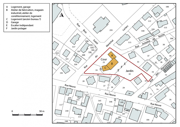 Plan-masse et de situation. Extrait du plan cadastral, 2018, section AC, 1/1 000. © Bertrand Turina / Région Bourgogne-Franche-Comté, Inventaire du patrimoine - 2018