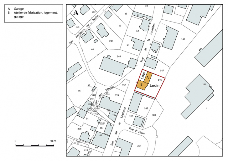 Plan-masse et de situation. Extrait du plan cadastral, 2018, section AE, 1/1 000. © Bertrand Turina / Région Bourgogne-Franche-Comté, Inventaire du patrimoine - 2018