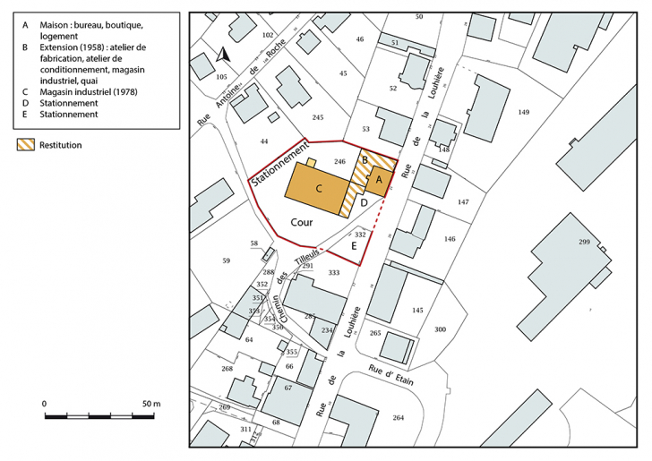 Plan-masse et de situation. Extrait du plan cadastral, 2018, section AC, 1/1 000. © Bertrand Turina / Région Bourgogne-Franche-Comté, Inventaire du patrimoine - 2018