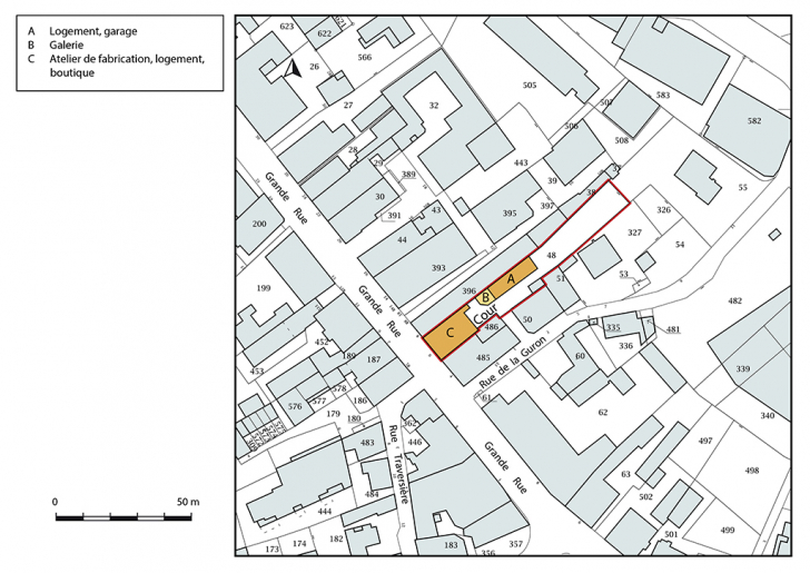 Plan-masse et de situation. Extrait du plan cadastral, 2018, section AA, 1/1 000. © Bertrand Turina / Région Bourgogne-Franche-Comté, Inventaire du patrimoine - 2018